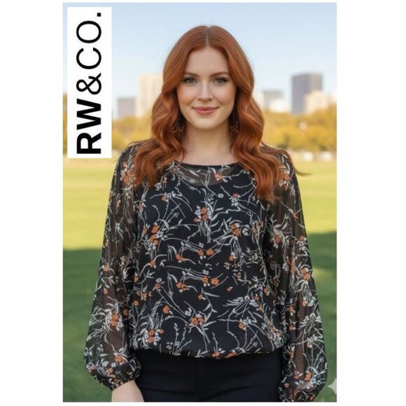RW&Co. floral print cropped balloon sleeve sheer blouse - Picture 1 of 14